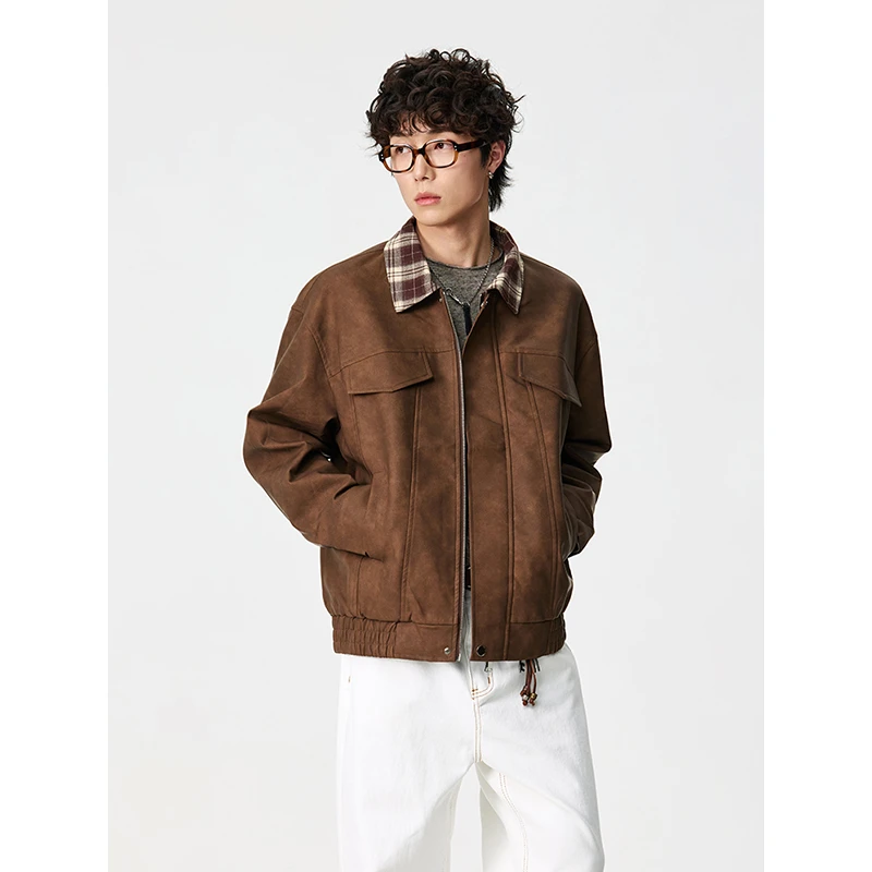 FMQZ STUDIO美式复古拼接格子翻领PU皮衣夹克男女春季美拉德外套