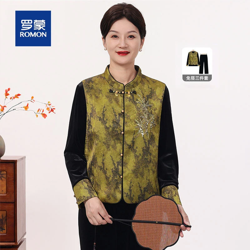 罗蒙2025春秋季新款中年妈妈装国风气质套装显瘦洋气金丝绒三件套