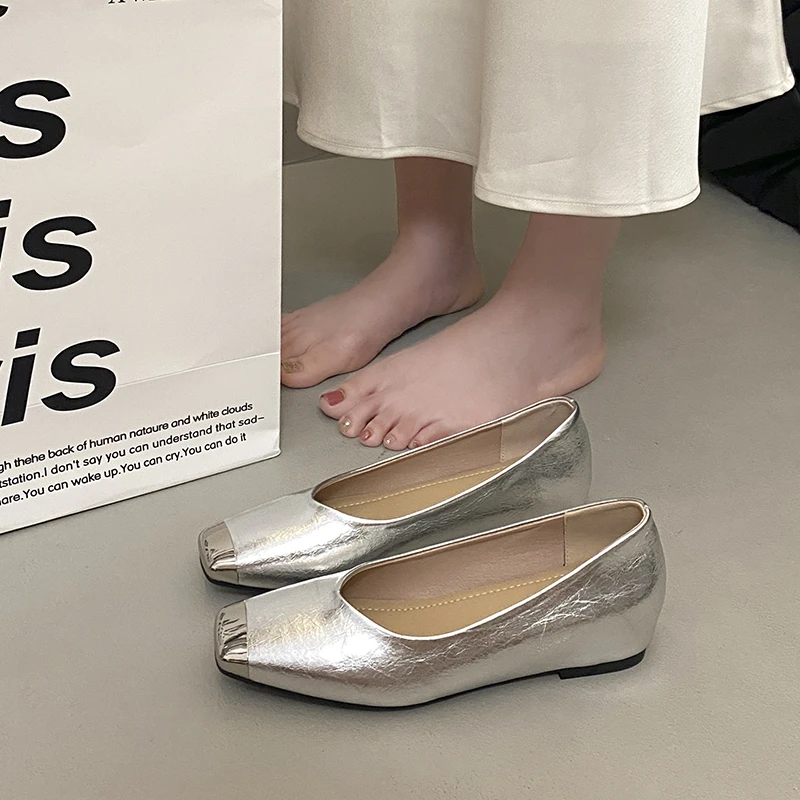 优雅通勤内增高单鞋女款秋季浅口一脚蹬船鞋2025新款金属头豆豆鞋