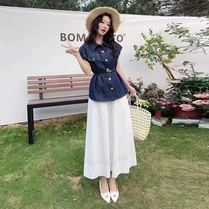 拉夏贝尔小众设计感牛仔短袖上衣半身裙两件套女夏季大码时尚套装