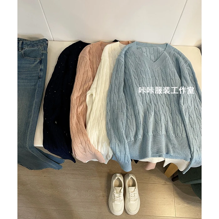REKAYYAT“婉转”绵羊毛韩版时尚百搭洋气减龄麻花V领套头针织衫