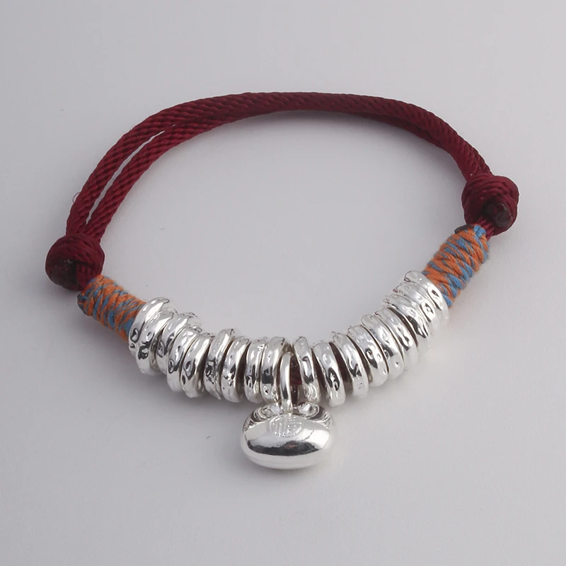 足银手链 足银手链B02红绳盘缠小胖福可调节实心银手链经典百搭