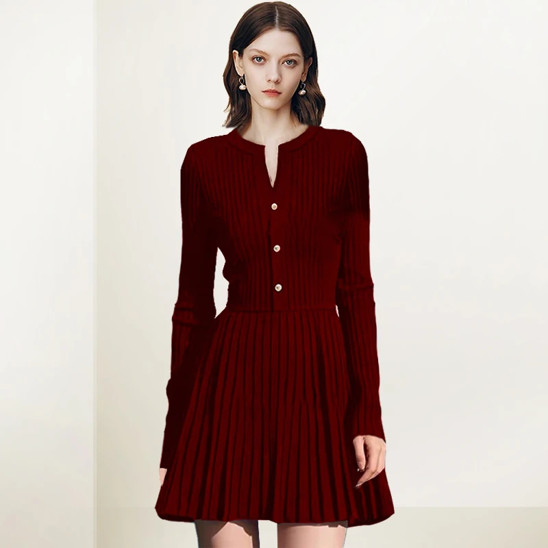QOOEL法式复古针织连衣裙2025秋冬新款气质收腰显瘦洋气百褶A字裙