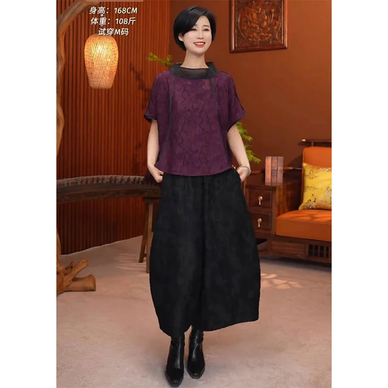 欧洲站2025夏季新款设计感小众宽松拼接立领上衣女高腰阔腿裤潮