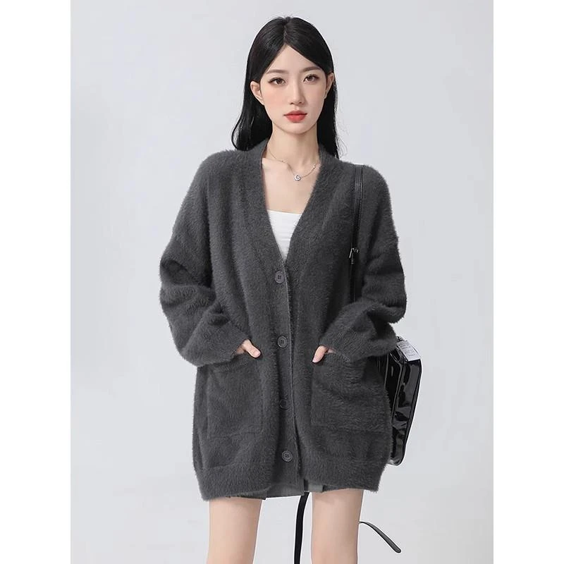 法芬图深灰色马海毛针织开衫毛衣女水貂毛宽松V领慵懒风外搭外套