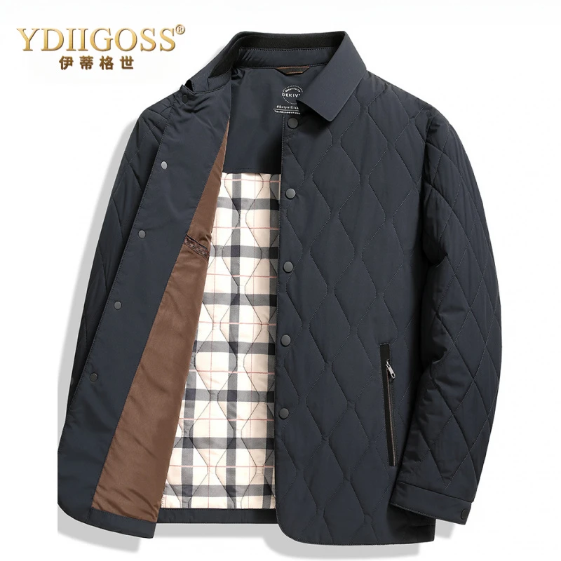 YDIIGOSS轻薄棉服男士秋冬季桑蚕丝棉衣中年高档冬装菱形格纹棉袄