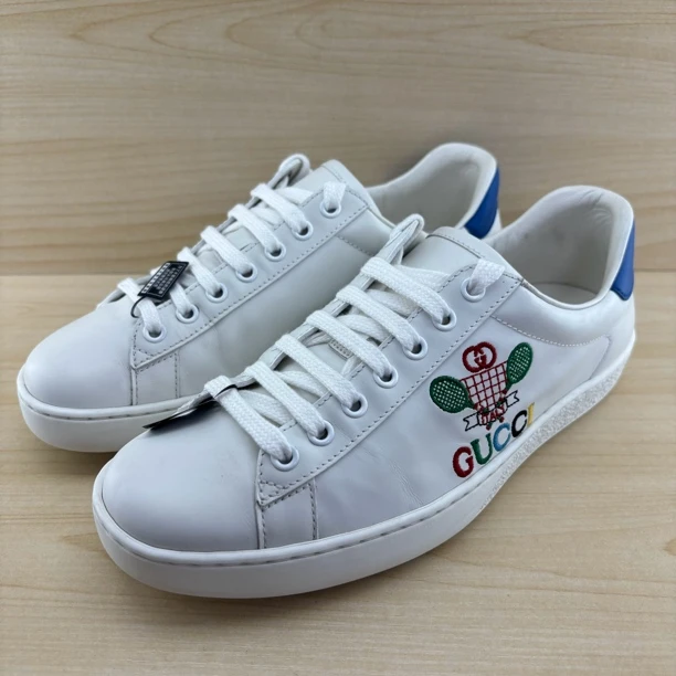 95新 GUCCI/古驰 客户寄售/Gucci 古驰蓝尾网球拍刺绣低帮小白鞋