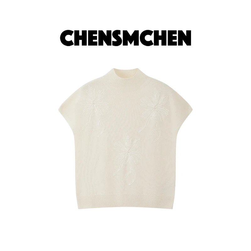 CHENSMCHEN 绵羊毛珠片半高领针织衫秋冬女装短袖打底衫CSZ8246WY