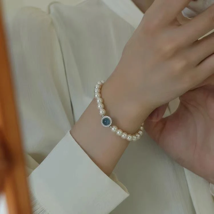 合金仿珍珠手链 施家珍珠海蓝之宝弹力绳手串女轻奢精美礼品盒装