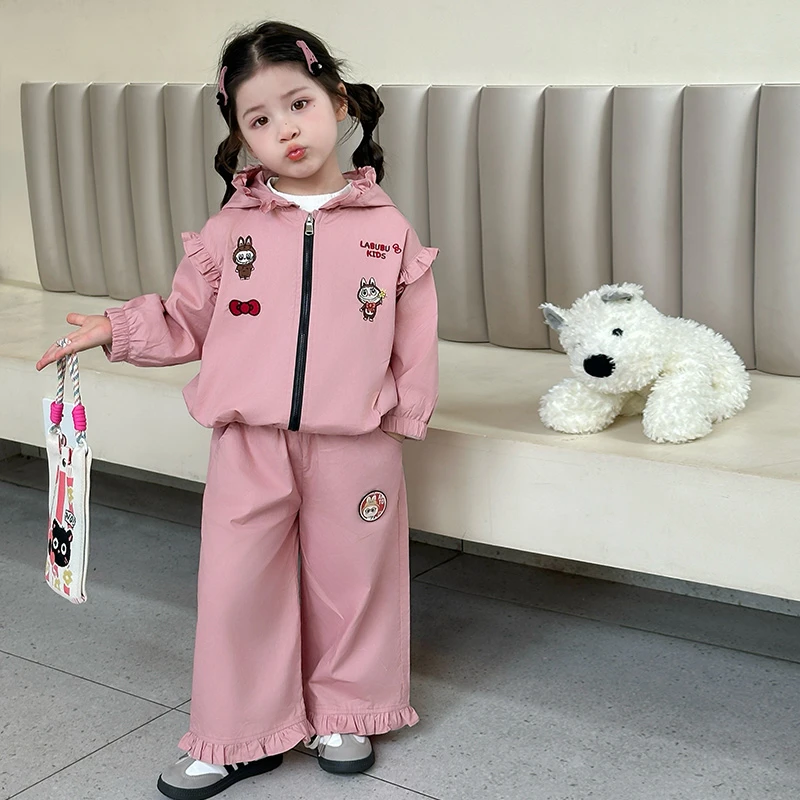 女童卡通花边套装洋气儿童连帽外套春秋季女宝宝休闲两件套小女孩