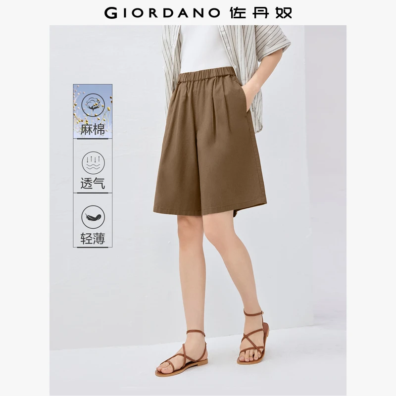 佐丹奴短裤女装天然棉麻压褶松紧腰梭织休闲五分裤 13405222