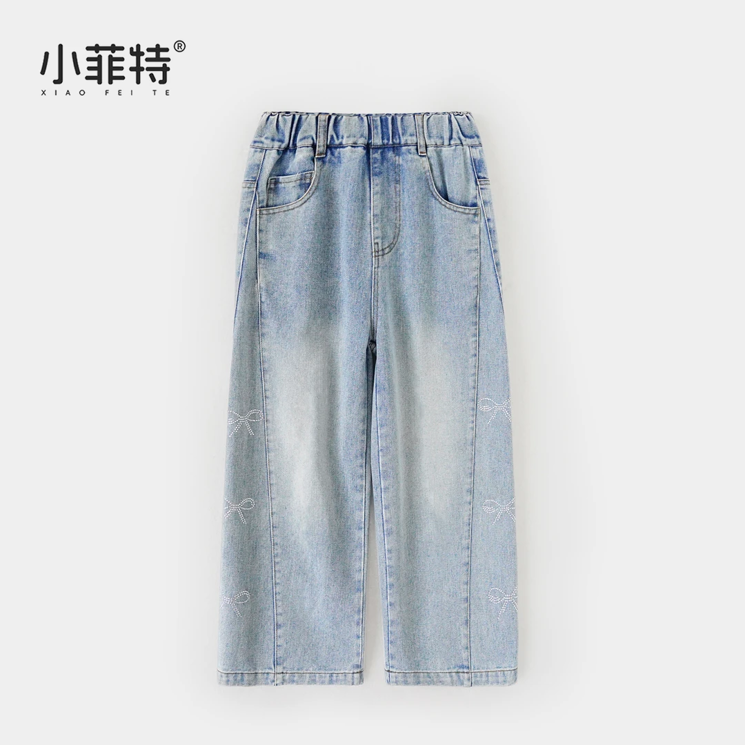 小菲特女童春装蝴蝶结牛仔裤女孩洋气儿童直筒阔腿裤子JMKC50666