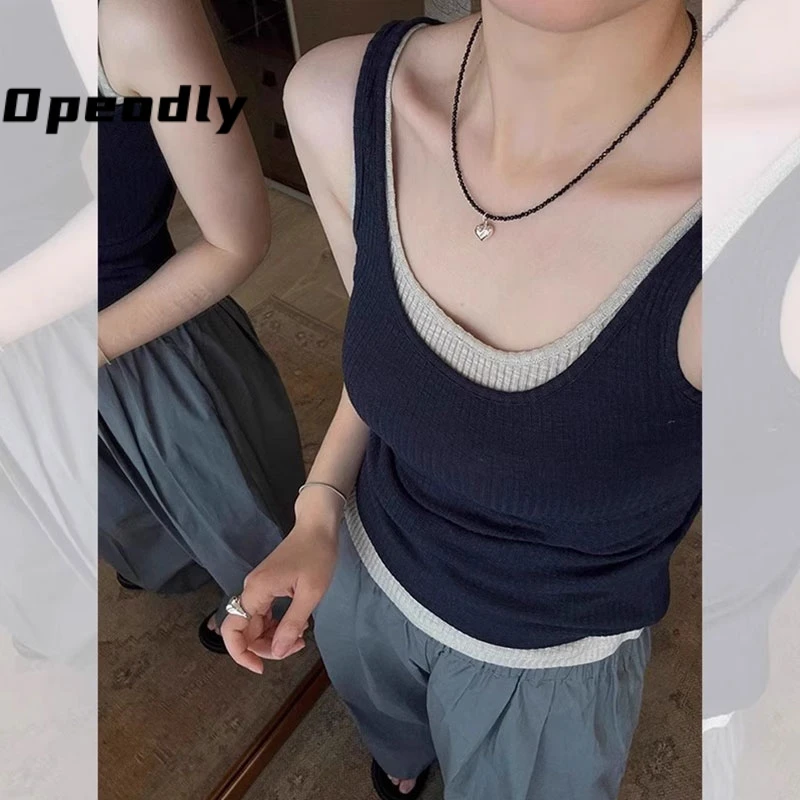Opeodly藏蓝色假两件小吊带背心大领口u领女夏外穿针织短款无袖