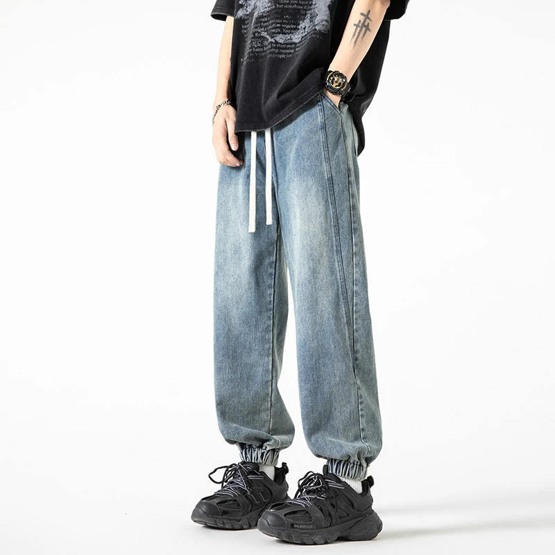 66712牛仔裤子宽松休闲运动阔腿束脚裤美式