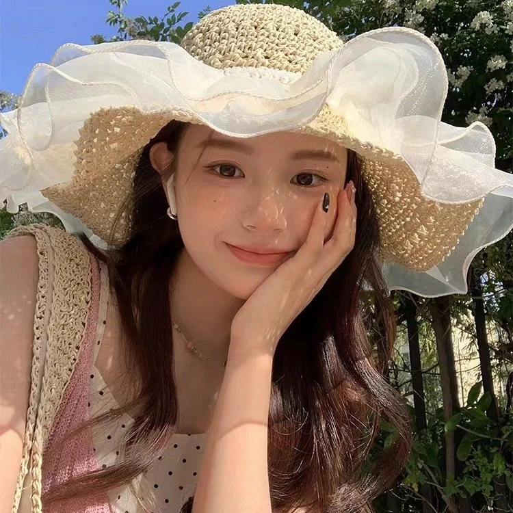 欧根纱女防晒帽2025新款夏季女草帽珍珠遮阳太阳帽子海边沙滩帽