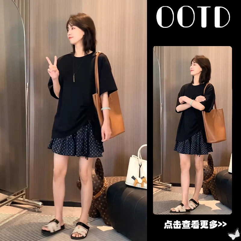 【现货】早秋穿搭一整套2025新款宽松短袖T恤高腰波点短裙两件套