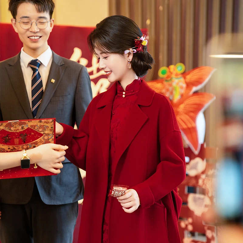 时光裁剪千晨红色羊毛大衣女新娘结婚订婚小个子高级感毛呢外套