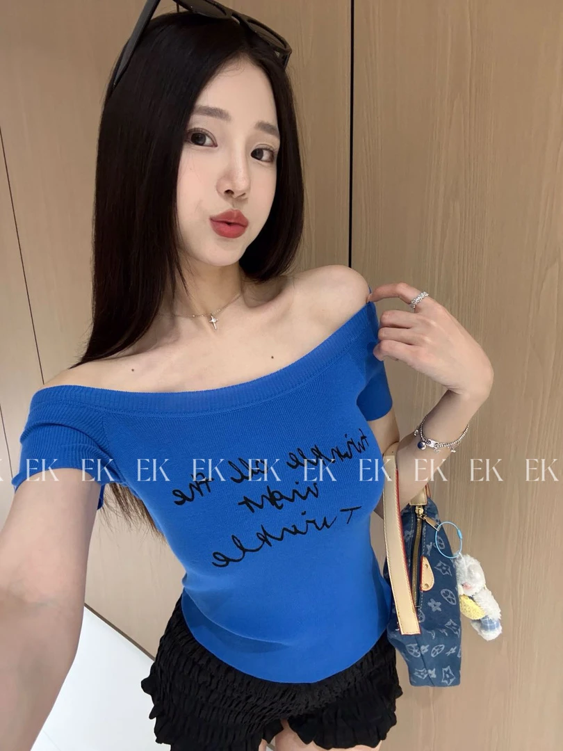 EK一字肩针织短袖t恤女夏季斜肩设计感复古美式辣妹露肩上衣潮167