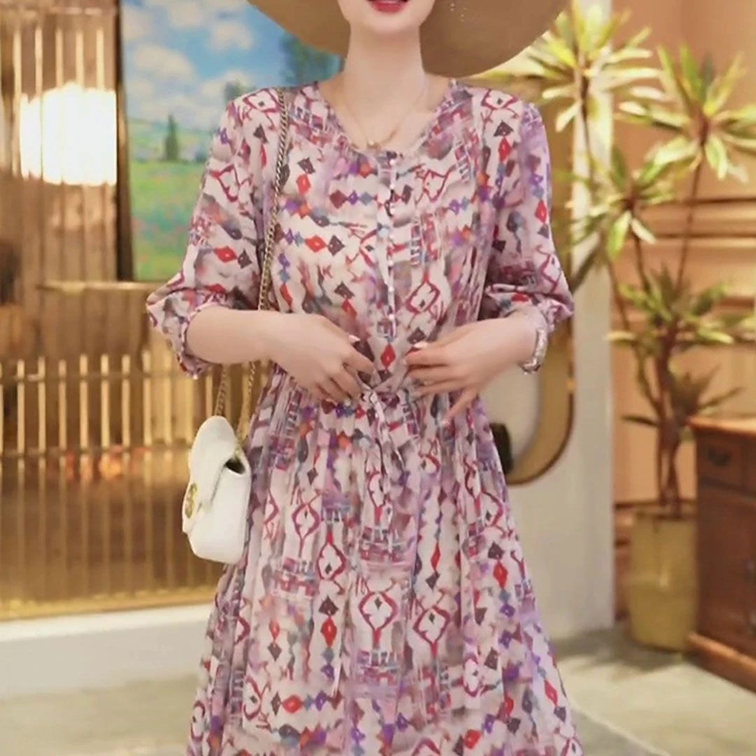 时尚设计感短袖连衣裙女2026夏季新款洋气显瘦系带中长款休闲裙子