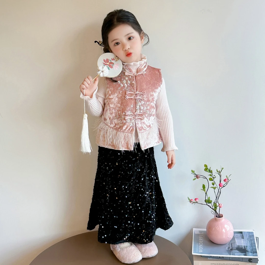 YeeHoO/英氏【断码】女童秋冬装新中式国风刺绣马甲套装2025新款