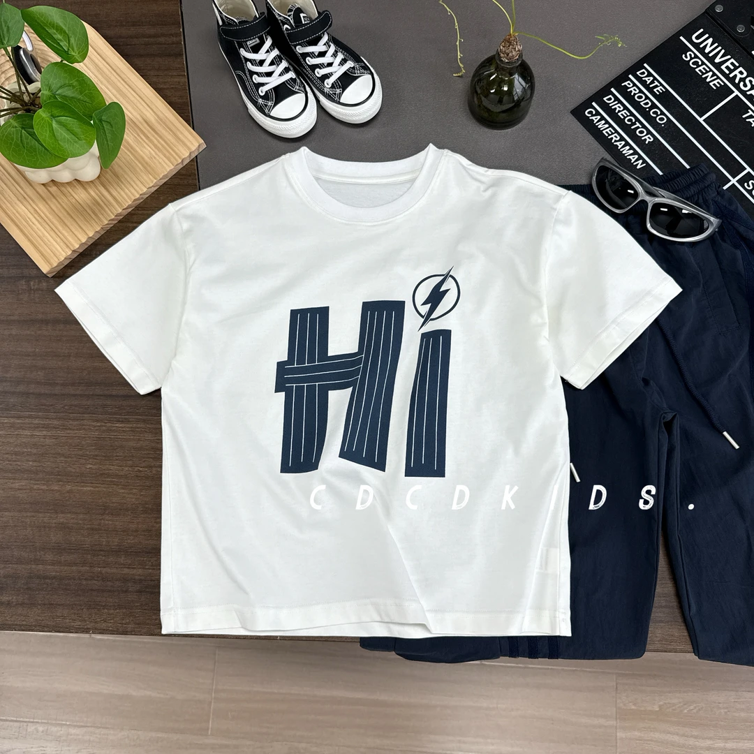 川度儿童短袖T恤HI字母韩版宽松百搭圆领上衣夏季男女童半袖2509