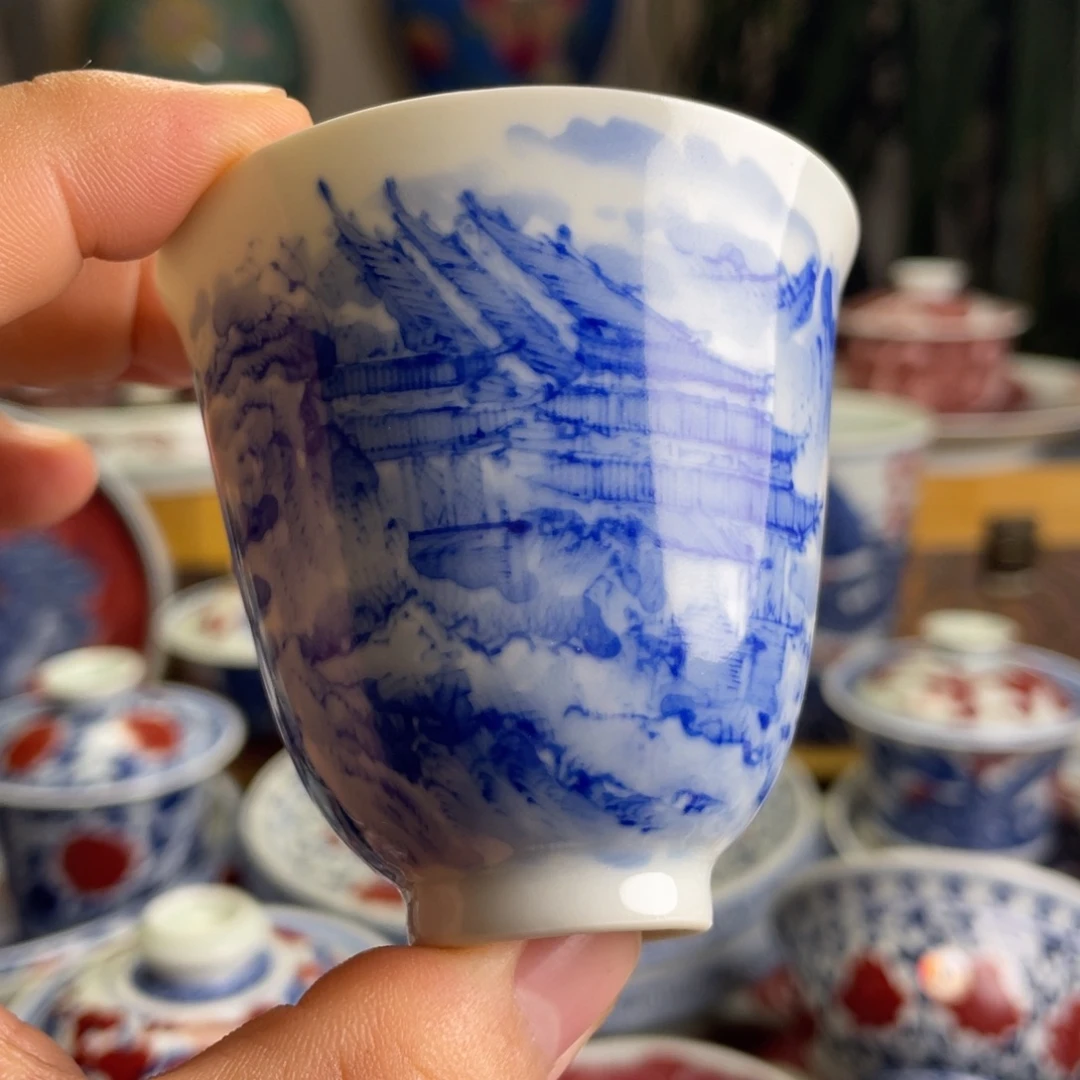 青花山水亭台楼阁闻香杯
