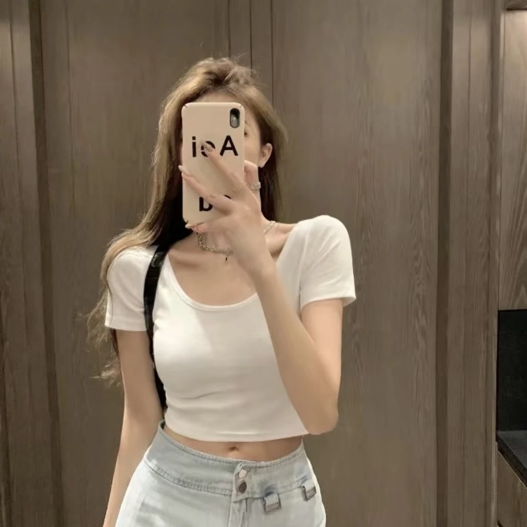 夏季方领修身T恤圆领抗起球可爱风短袖短款常规方领