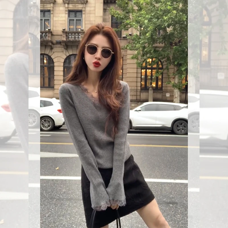 韩系灰色蕾丝v领拼接长袖针织衫女2025秋冬高级感毛衣打底衫上衣