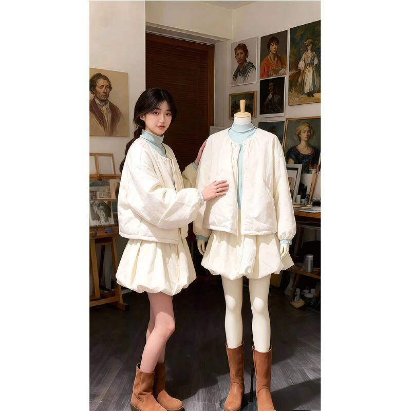 韩系小个子穿搭加厚保暖棉服女洋气百搭半身短裙秋冬新款一整套装