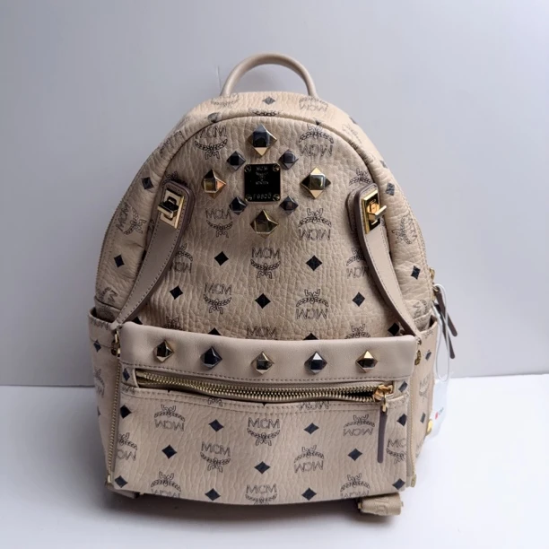 99新 MCM MCM奶茶色中号双肩包