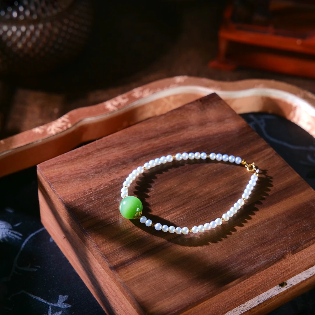 【小雨来了】18k金 3.5mm淡水珍珠配碧玉猫眼单珠手链 多样性发一件