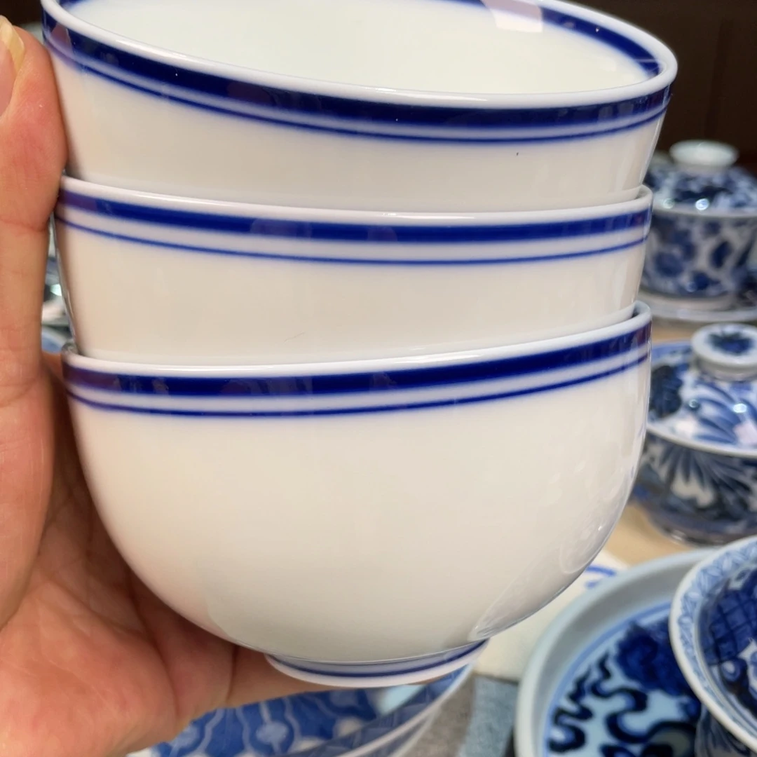 杯柴窑烧制蓝边碗11公分口径3只