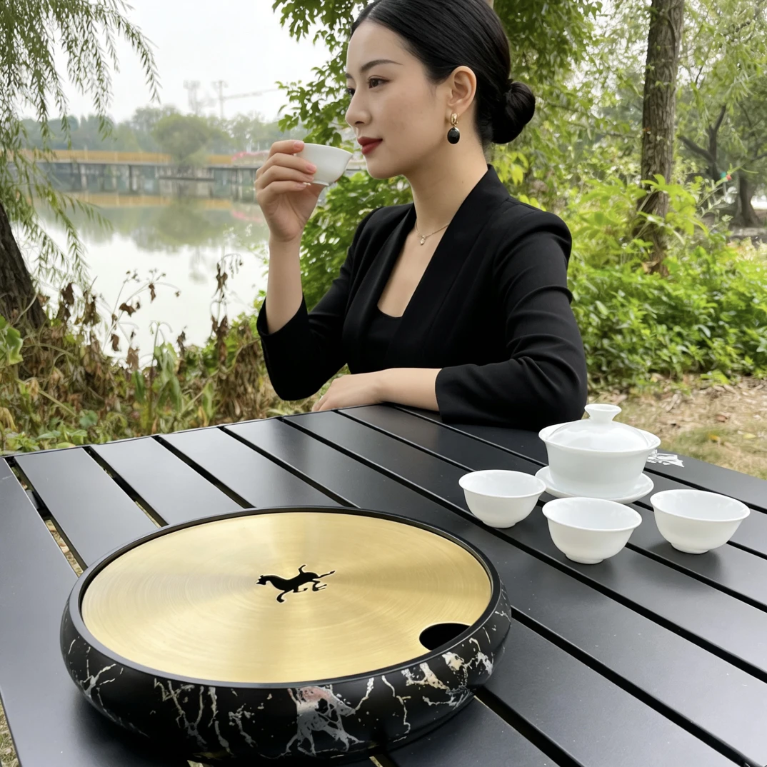 黄铜面轻奢茶盘户外便携茶盘套装露营茶具黄铜储水茶台