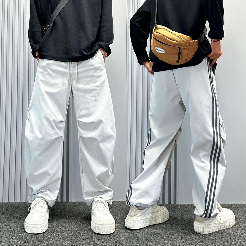 男裤秋冬新款宽松直筒休闲裤男款三条杠收脚运动裤痞帅潮牌阔腿裤