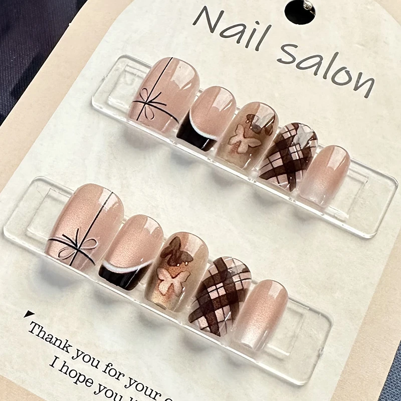 复古风情52#纯手工穿戴甲ins显白裸色半手工猫眼美甲假指甲