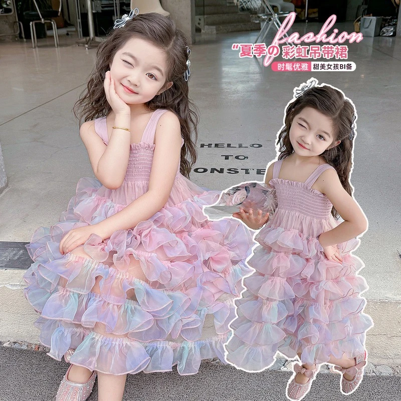 女童彩虹吊带连衣裙夏季2025新款时尚小女孩洋气公主裙公主裙女童