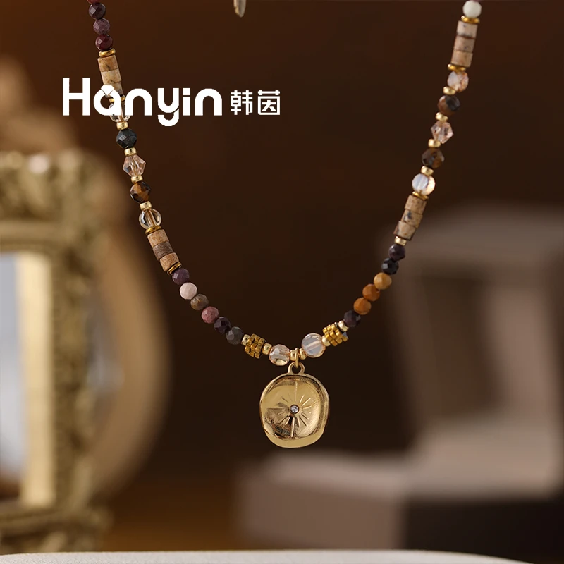 虎眼石木变石水晶光芒万丈不规则方牌不掉色项链小众设计感锁骨链