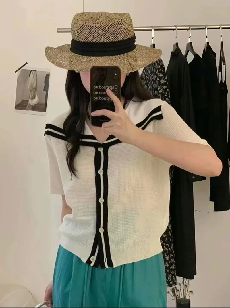 夏季新款海军领短袖条纹撞色针织开衫学院风薄款上衣