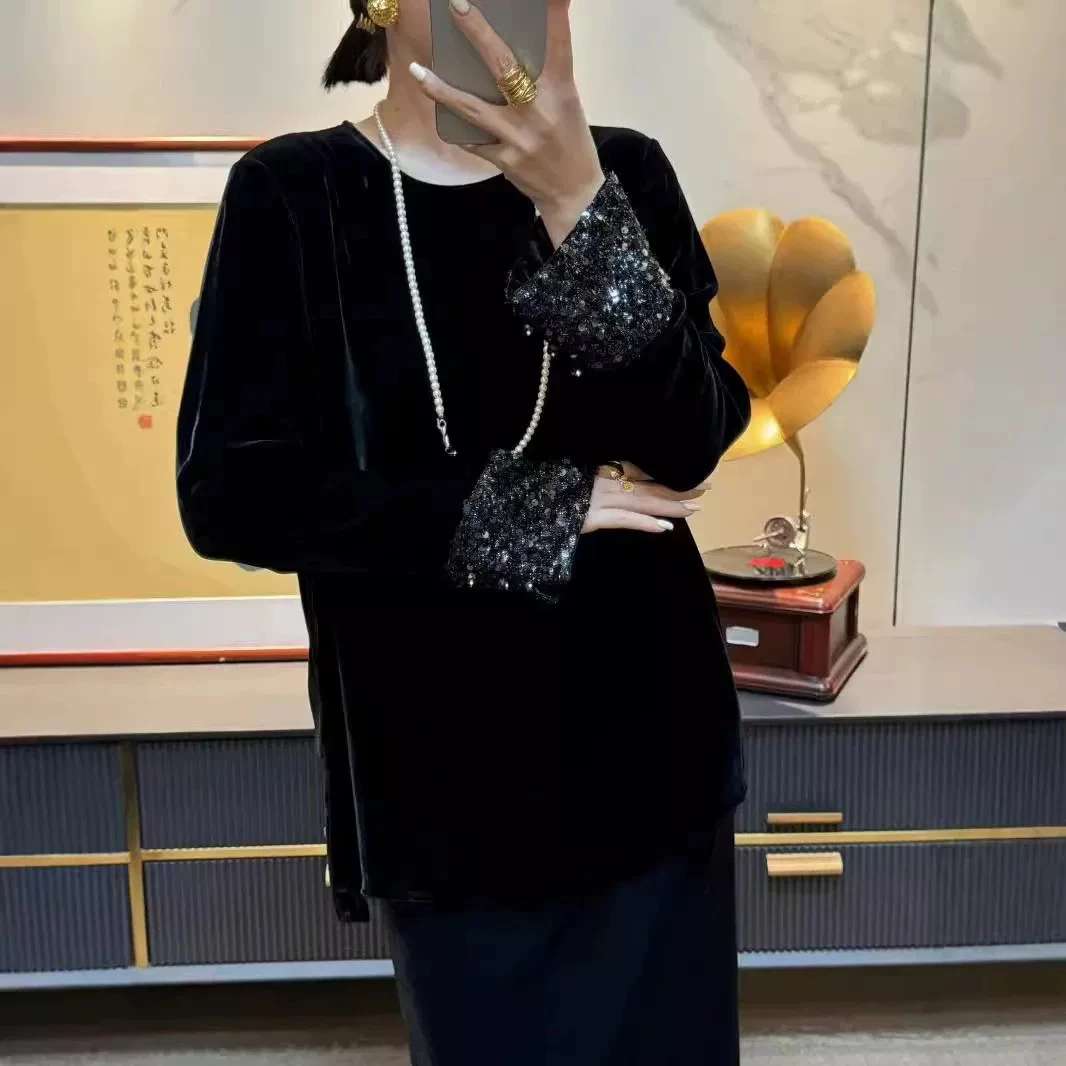 秋冬黑色金丝绒长袖上衣显瘦遮肚打底衫洋气001