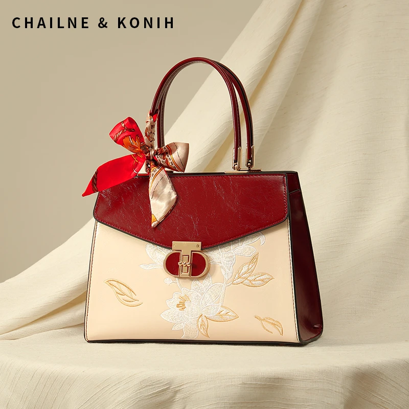 妈妈款新中式油蜡皮刺绣女包包大容量中年喜婆婆结婚包送母亲礼物