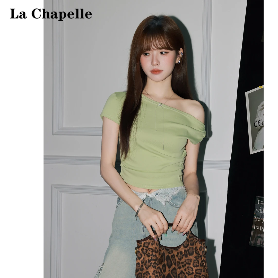 拉夏贝尔法式绿色一字斜肩短袖T恤女2025夏季设计感露肩短款上衣
