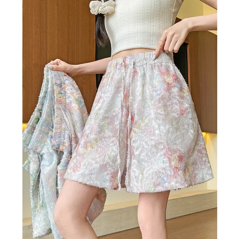 粉色新款冰丝花苞短裤女夏季薄款碎花外穿洋气阔腿裤高腰宽松裙裤