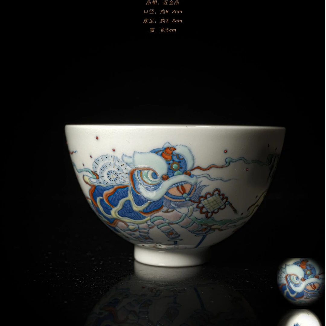 4-46朴真堂斗彩醒狮烟花鸡心杯 C0235