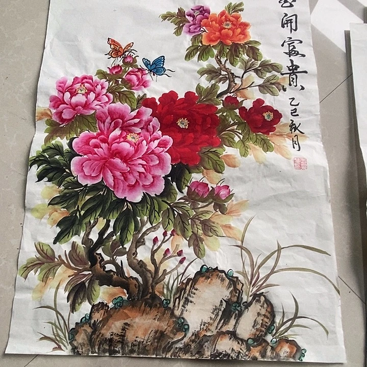 国画四尺三开手绘花鸟