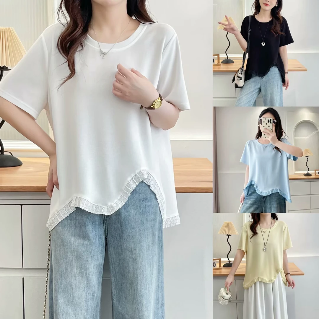 HUIZHIMEI/绘智美大码洋气显瘦设计感波浪木耳边不规则短袖t恤女