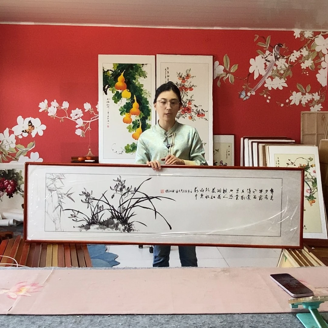 国画手写手绘国画作品带框包邮47✖️162