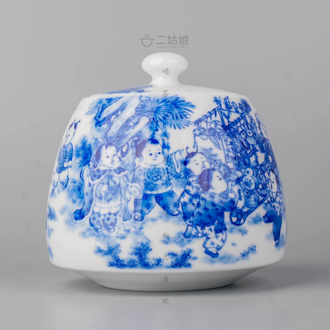 九段烧九段妙手春节赶大集十八子婴戏茶叶罐【景德镇全手工670ml】