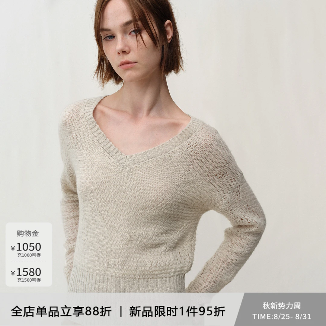 【8.25新品】SMIIILE羊毛混纺不规则镂空斜肩v领毛衣针织衫女