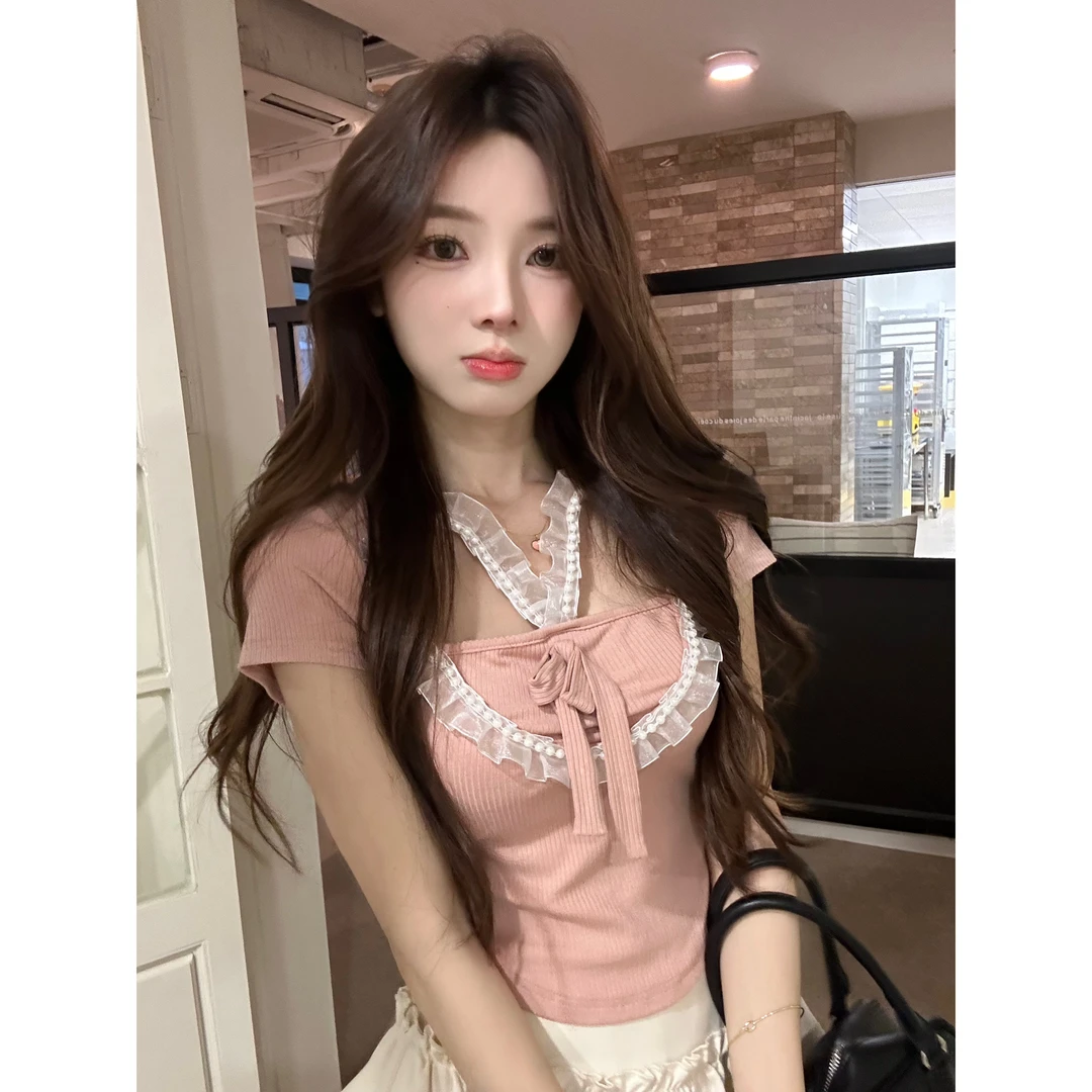 【彤彤推荐】丘比特少女甜美风爱心镂空修身显瘦设计感短袖68411