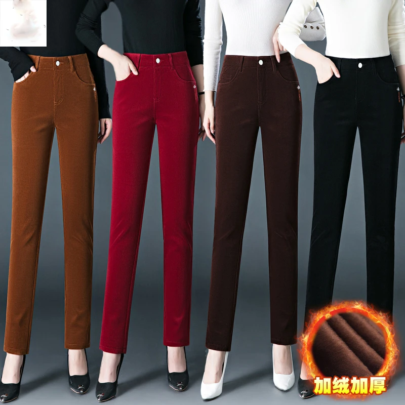 彤丽卉正品灯芯绒裤子女秋冬保暖加厚直筒裤女弹力大码加绒裤外穿
